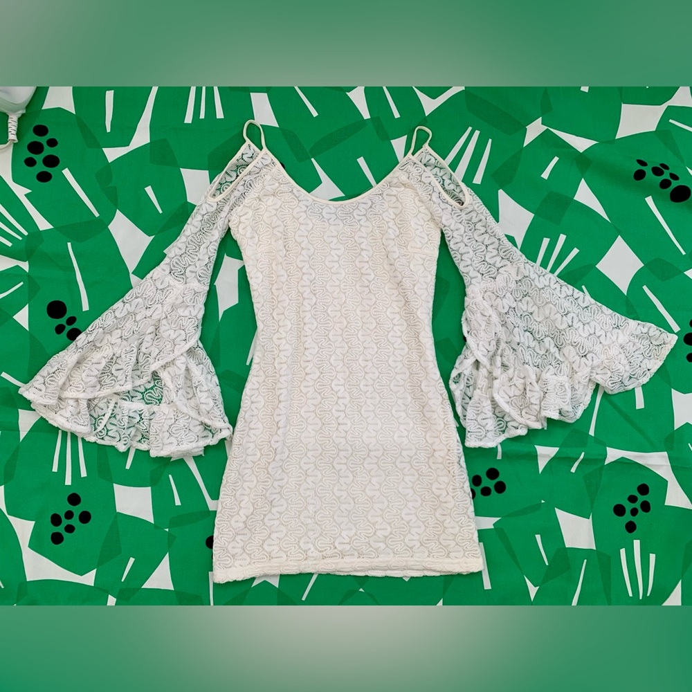 NWT Sugarlips Lace Bell Sleeve Spaghetti Strap Cream Mini Bodycon Dress Y2K